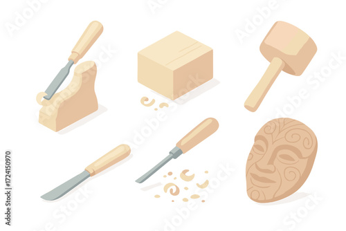 Wood Carving Tools. Isometric vector illustration set Artistic wood shaping: carving chisel detail figure, wooden block, carving