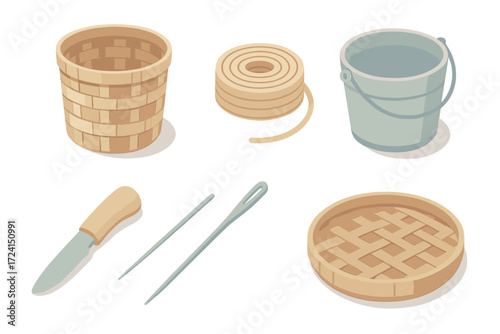 Artisan Weaving Tools. Isometric vector illustration set Artisan weaving tools: basket weave reed handmade, spool of reed, water