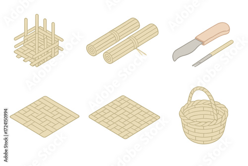 Basket Weaving Essentials. Isometric vector illustration set Craft of weaving: basket weave reed handmade, reed rolls, knife,