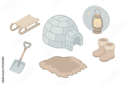 Polar Night Camp. Isometric vector illustration set Polar night camp: igloo ice block shelter, starry sky lantern, sled, snow