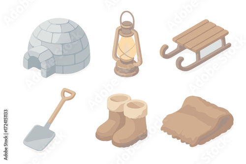 Polar Night Camp. Isometric vector illustration set Polar night camp: igloo ice block shelter, starry sky lantern, sled, snow