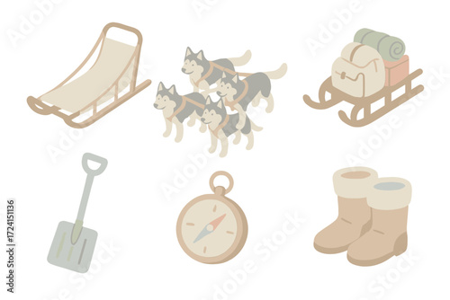 Winter Expedition Gear. Isometric vector illustration set Winter expedition gear: dog sled mush snow, team of huskies, sled with
