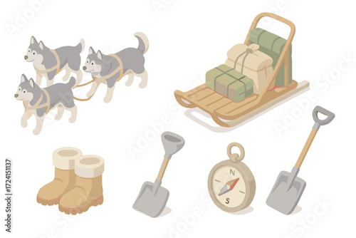 Winter Expedition Gear. Isometric vector illustration set Winter expedition gear: dog sled mush snow, team of huskies, sled with