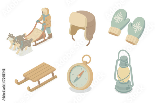 Winter Transport Icons. Isometric vector illustration set Winter transport icons: dog sled mush snow, fur hat, mittens, wooden
