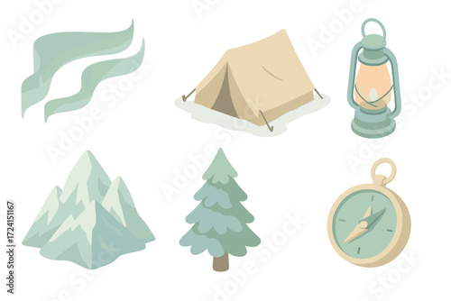 Arctic Expedition Icons. Isometric vector illustration set Arctic glow expedition: aurora polar light shimmer, snow camp tent,