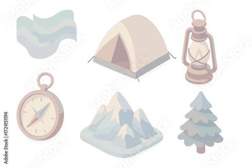 Arctic Expedition Icons. Isometric vector illustration set Arctic glow expedition: aurora polar light shimmer, snow camp tent,