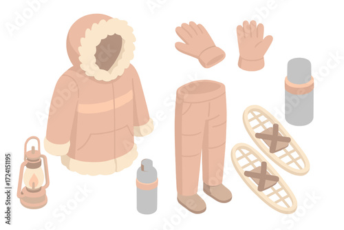 Polar Expedition Gear. Isometric vector illustration set Polar expedition outfit: fur parka hood warm, insulated pants, snowshoes,