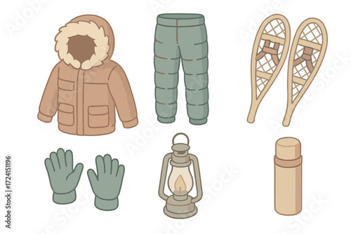 Polar Expedition Gear. Isometric vector illustration set Polar expedition outfit: fur parka hood warm, insulated pants, snowshoes,