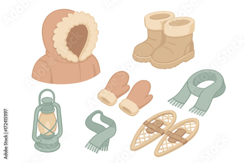 Winter Explorer Gear. Isometric vector illustration set Winter explorer gear: fur parka hood warm, insulated boots, mittens, wool