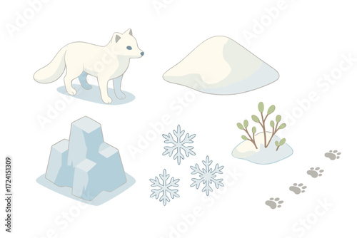 Arctic Fox Camouflage. Isometric vector illustration set Polar landscape animal: arctic fox camouflage white, snowy hill, ice