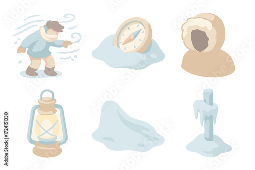 Whiteout Expedition Icons. Isometric vector illustration set Whiteout expedition icons: blizzard wind snow blind, snow buried