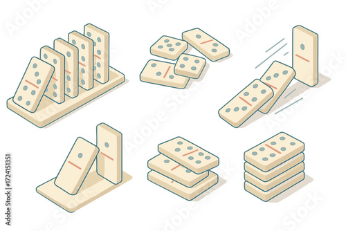Domino Chain Reaction. Isometric vector illustration set Domino chain reaction: domino tile line fall, scattered pieces, falling