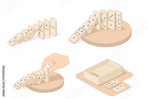 Domino Chain Reaction. Isometric vector illustration set Motion and fall pattern: domino tile line fall, mid-fall chain, hand
