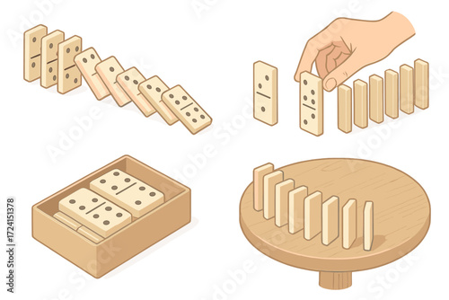 Domino Chain Reaction. Isometric vector illustration set Motion and fall pattern: domino tile line fall, mid-fall chain, hand