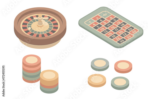 Roulette Game Setup. Isometric vector illustration set Roulette game setup: roulette wheel ball casino, red and black numbered