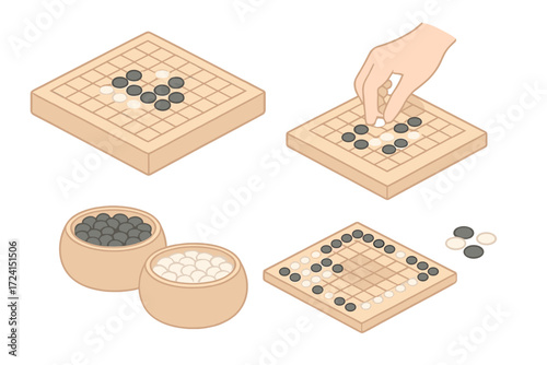 Traditional Go Match Icons. Isometric vector illustration set Traditional Go match: go stone capture territory, white and black