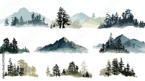 Serene Landscape of Mountains with Lush Trees and Blue Sky