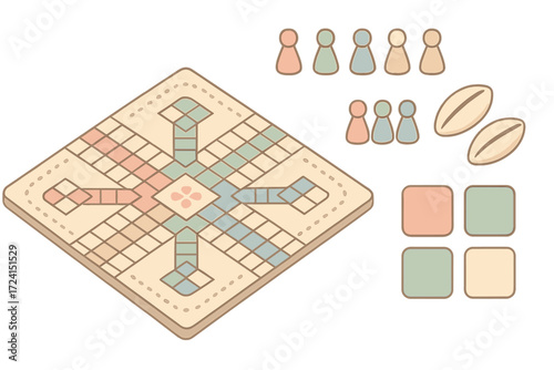 Pachisi Game Isometric Design. Isometric vector illustration set Ancient race game layout: pachisi pawn home path, player token