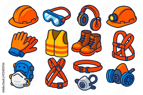 Safety Gear Icons. Isometric vector illustration set Safety Gear for Construction: hard hat, safety goggles, earmuffs,