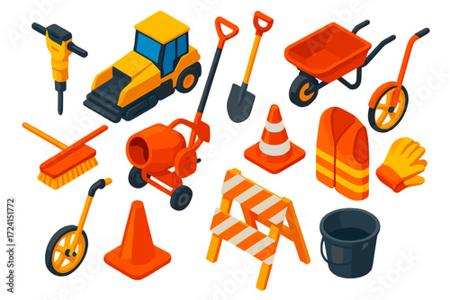 Road Repair Tools. Isometric vector illustration set Road Repair Tools: jackhammer, asphalt paver, shovel, wheelbarrow, broom,