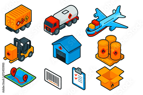 Dangerous Goods Transport Icons. Isometric vector illustration set Dangerous Goods Transport: hazard-labeled container, fuel truck