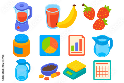 Smoothie Bar Essentials. Isometric vector illustration set Smoothie Bar: blender, smoothie glass, banana, strawberries, protein
