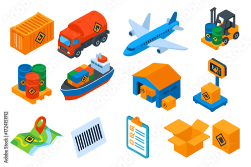 Dangerous Goods Transport Icons. Isometric vector illustration set Dangerous Goods Transport: hazard-labeled container, fuel truck