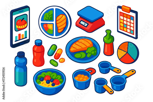 Weight Loss Nutrition Icons. Isometric vector illustration set Weight Loss Nutrition: calorie counter app, portion plate, meal