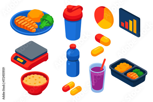 Athlete Meal Plan. Isometric vector illustration set Athlete Meal Plan: grilled salmon plate, sweet potato mash, broccoli portion,