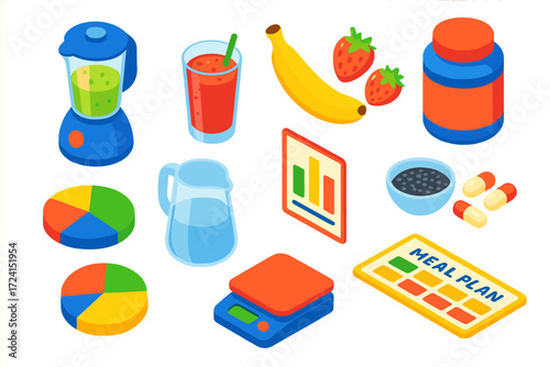 Smoothie Bar Essentials. Isometric vector illustration set Smoothie Bar: blender, smoothie glass, banana, strawberries, protein