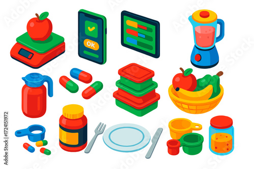 Smart Kitchen Essentials. Isometric vector illustration set Smart Kitchen for Nutrition: digital kitchen scale, calorie counter