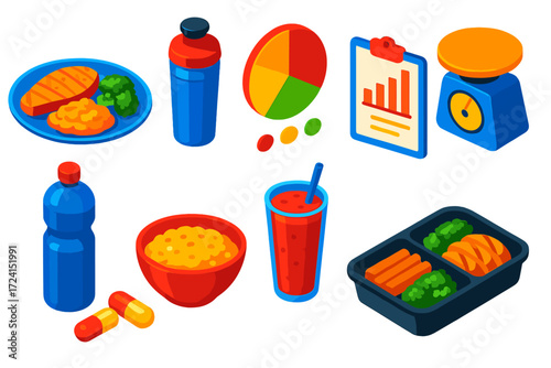 Athlete Meal Plan. Isometric vector illustration set Athlete Meal Plan: grilled salmon plate, sweet potato mash, broccoli portion,