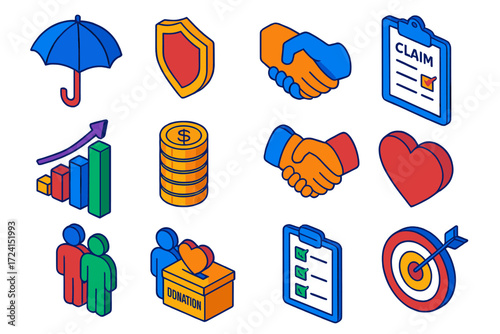 Mutual Aid Icons. Isometric vector illustration set Mutual Aid Services: umbrella, shield, claim form, growth chart, coin stack,