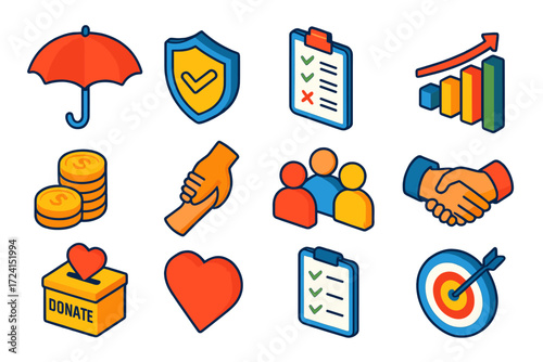 Mutual Aid Icons. Isometric vector illustration set Mutual Aid Services: umbrella, shield, claim form, growth chart, coin stack,