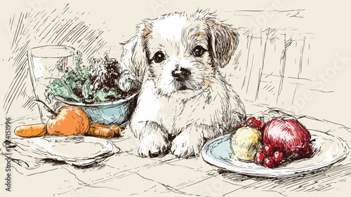 Charming Drawing of a Dog with Various Food Items for Pet Lovers