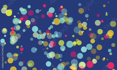 Abstract background with colorful transparent circles scattered on a deep blue backdrop creating a bokeh effect perfect for modern designs and artistic projects