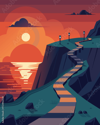 A rocky coastal hike guided by the gentle glow of solarpowered lights that turn on as the sun goes down.. Vector illustration