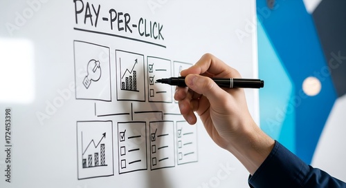 Hand drawing a pay per click advertising strategy flowchart on a whiteboard