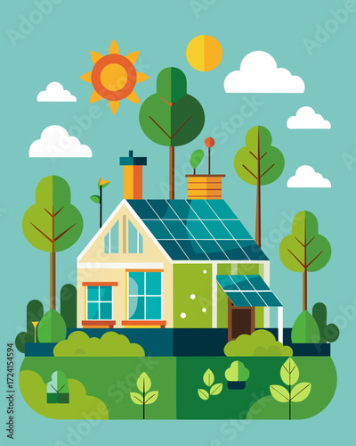 An ecofriendly haven where a rooftop garden and solar panels work in harmony to create a selfsufficient and sustainable living space.. Vector illustration