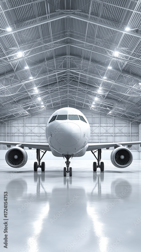 Fototapeta premium Airplane inside hangar front view. 