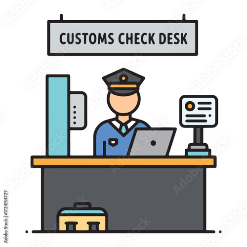 Border control officer at a customs check desk in an airport terminal, a vector icon concept for international travel security and immigration