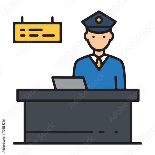 Illustration of a uniformed customs agent at an airport border control desk for passport and document inspection