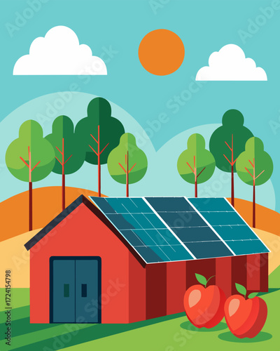 An apple orchard with solar panels installed on the rooftops of the storage barns providing clean energy for the cold storage units.. Vector illustration