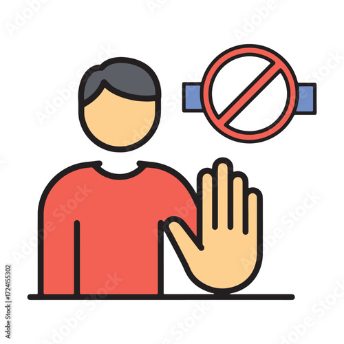 A colorful line icon of a person with a raised hand in a stop gesture, illustrating the concepts of refusal, prohibition, and access denied
