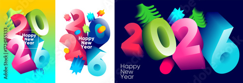 Vibrant and colorful 3D illustration celebrating the New Year 2026. The design features bold numbers with festive elements like stars and pine trees, set against gradient backgrounds