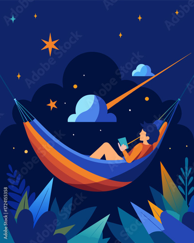 As night falls I relax in my hammock watching the stars le above while finishing up some lastminute tasks.. Vector illustration