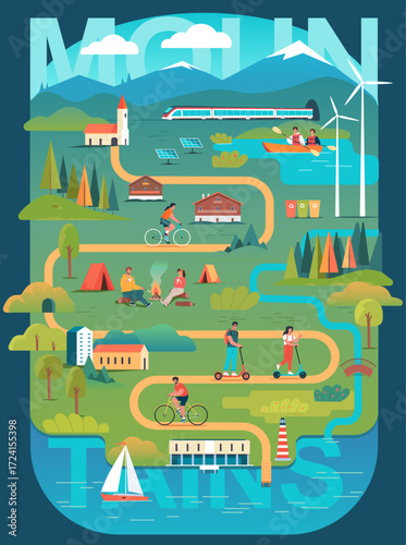 Cartoon colorful poster with tourist map of a resort village and mountains