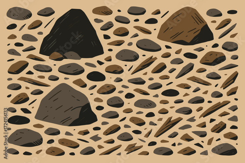 A textured pattern featuring an assortment of rocks in varying shapes and sizes. The design incorporates dark and light brown tones with scattered angular and smooth stones, creating an earthy