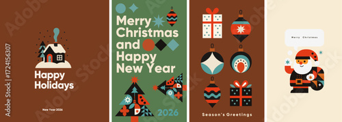 A festive collection of holiday-themed illustrations featuring a cozy snow-covered house, Christmas tree, ornaments, gifts, and a cheerful Santa Claus. Perfect for celebrating Christmas and New Year