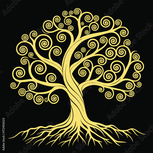 Golden Stylized Tree Of Life With Swirling Branches And Roots On Black vector illustration